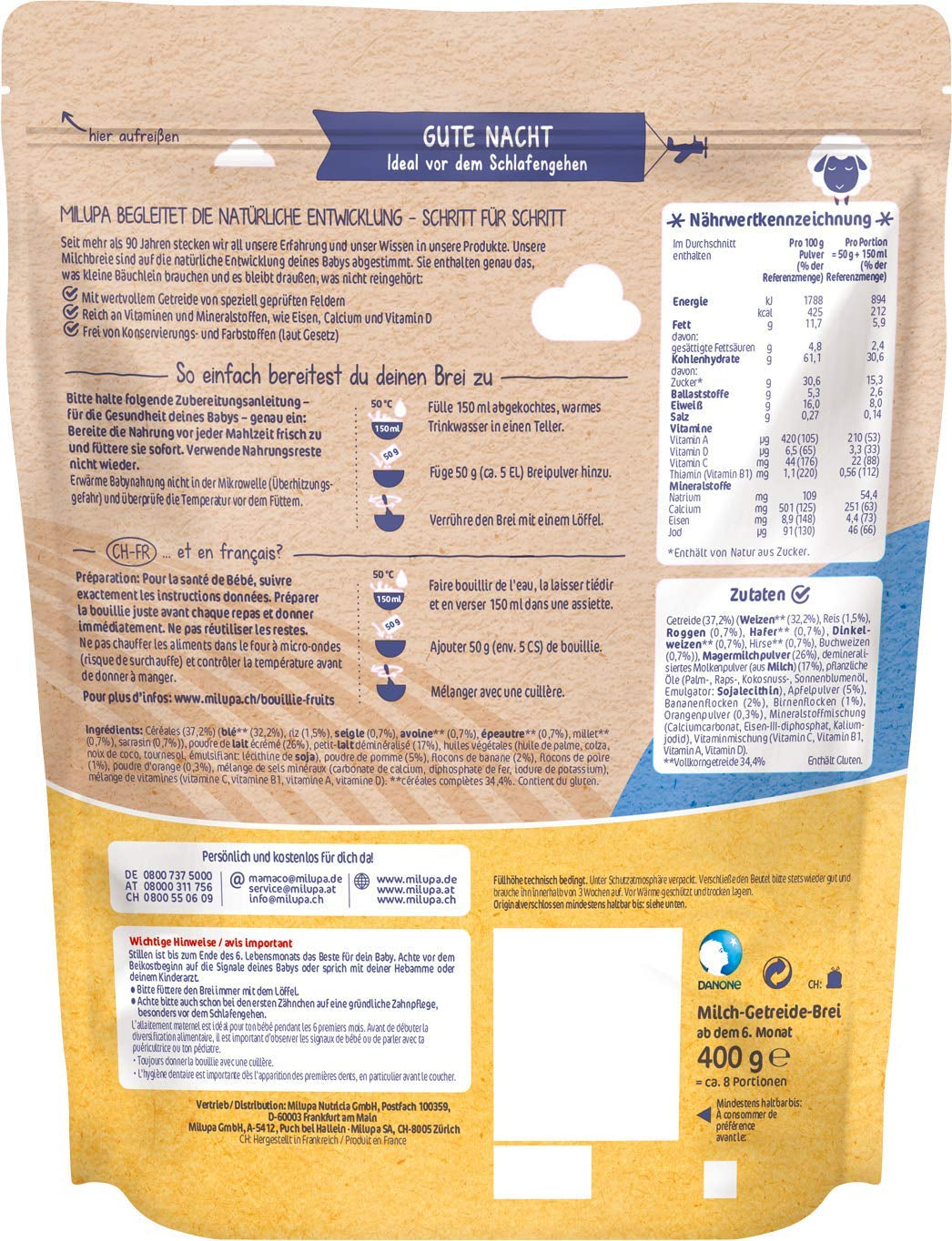 Milupa Milchbrei Vollkornfrüchte – Brei für Kinder ohne Palmöl, ab 6 Monaten – 4 X 400 G (2er Pack) Mutter und Kind Naty Shop