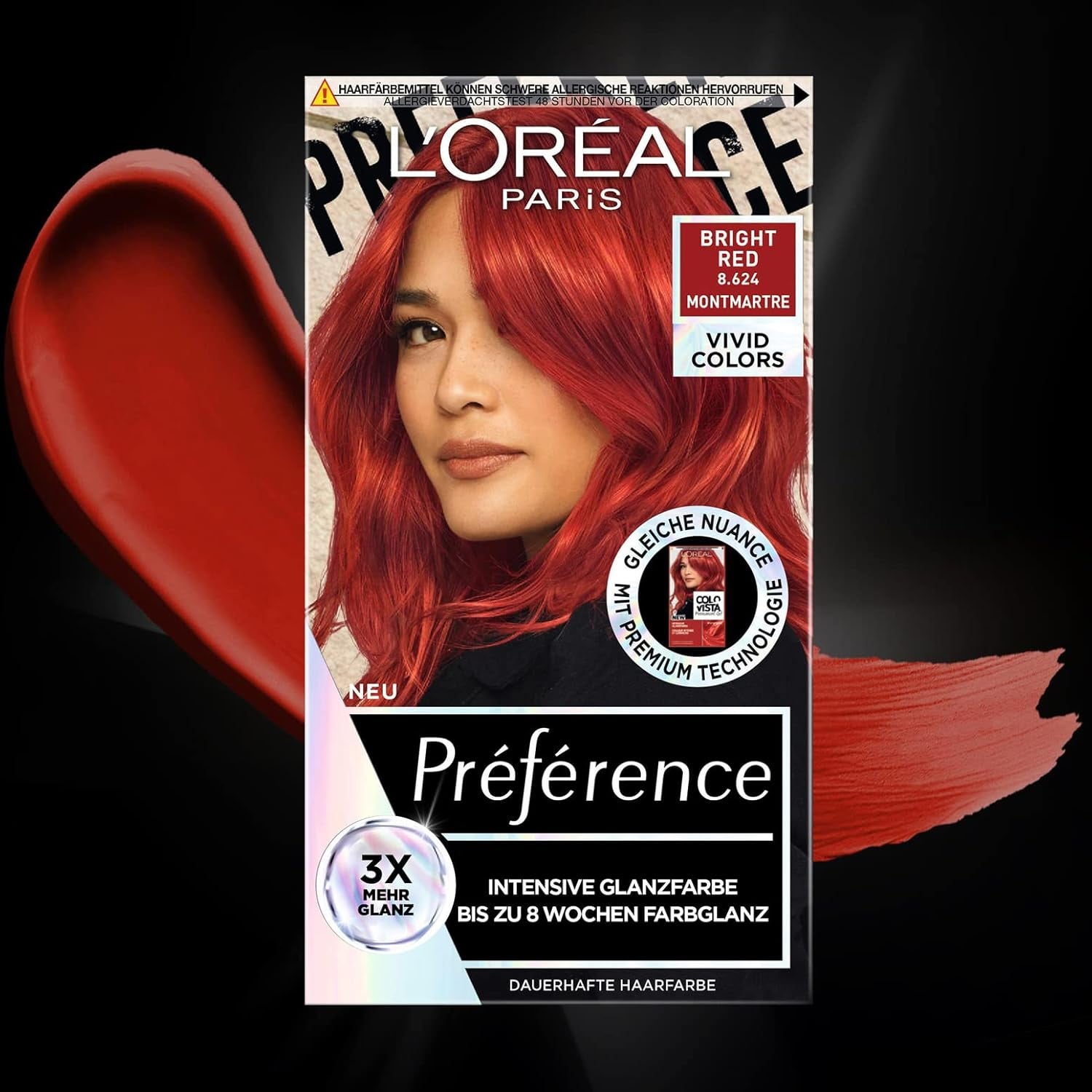 L'Oréal Paris Intensive permanent hair color, Până la 8 săptămâni de păr strălucitor și culoare intensă, Préférence Vivid Colors, Culoare: 8.624 BRIGHT RED, 1 buc (pachet de 2) Vopsea pentru par Naty Shop
