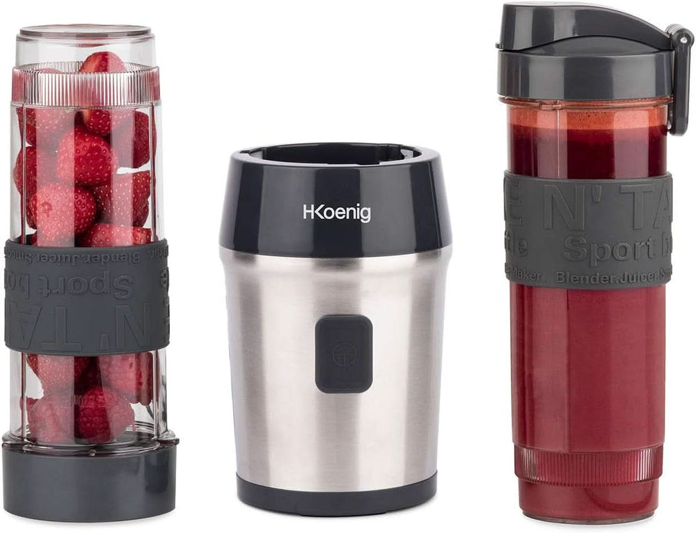 H.Koenig Smoothie Maker SMOO9 – Mini-Standmixer – Mini-Mixer – 300 Watt – 570 ml – Edelstahl – 2 Kunststoffflaschen – Bpa-Frei, Grau Kitchen Naty Shop