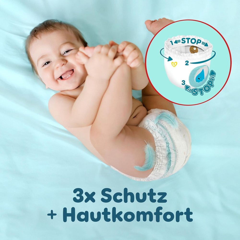 Pampers Premium Protection Pants Größe 6, 78 Windeln, 13kg-19kg, Mit 360° Passform, 2x breiteren Bündchen als vorher für Komfort & Schutz + 10 Stück Pampers Aqua Baby-Feuchttücher enthalten