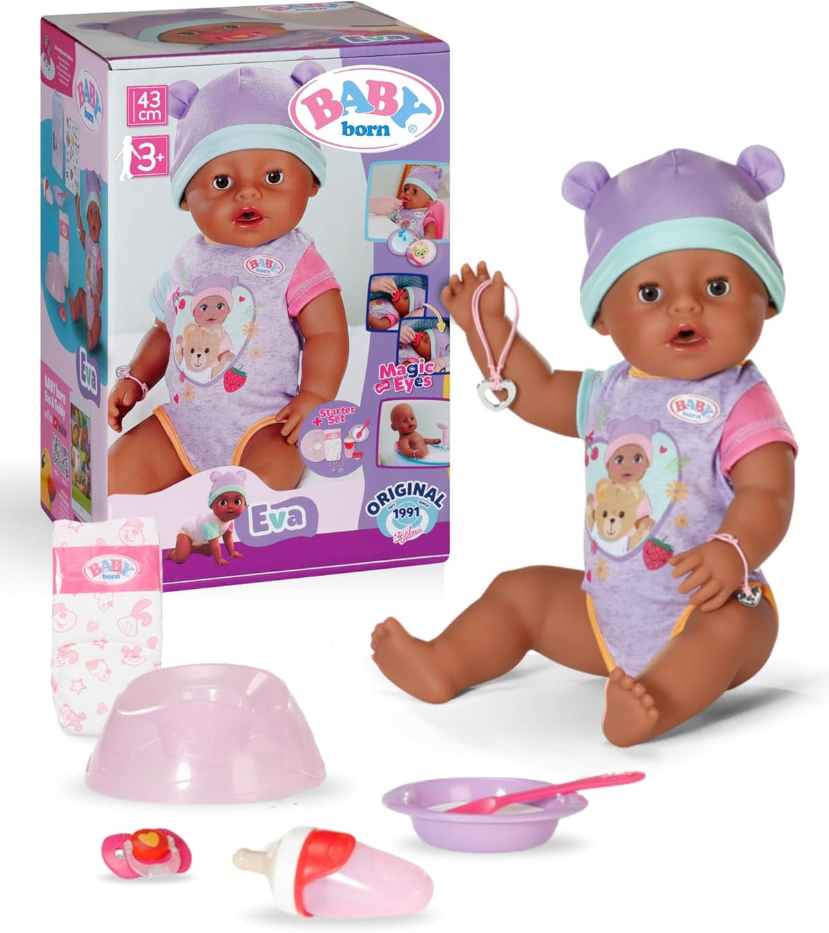 BABY Born Eva - păpușă bebeluș 43 cm - 10 funcții, inclusiv accesorii și saltea - Funcționează complet fără baterii - Potrivită pentru copii cu vârsta de 3 ani și peste