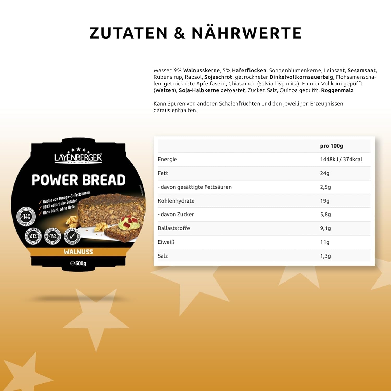 Layenberger Prower Bread Walnut, Eiweiß- Und Ballaststoffquelle, Ohne Konservierungsmittel, Ohne Hefe, Ohne Mehl, Mit 14G Protein Pro 100G, (1 X 500G) Mischung zum Backen und Kochen Naty Shop
