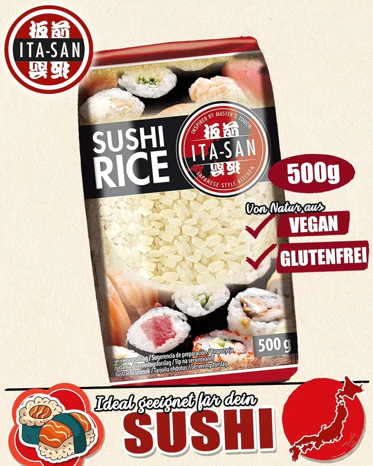 ITA-SAN Sushi-Reis, Rundkorn, Top-Qualität, 100 % sortenrein, schnelle und einfache Zubereitung, vegan, Halal, glutenfrei (1 x 500 g)