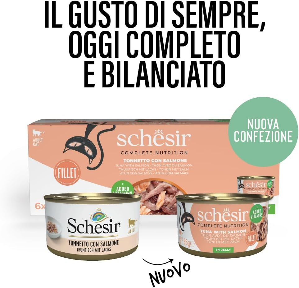 Ton cu somon în jeleu, hrană umedă completă pentru pisici, la conservă, cu vitamine adăugate, 100% naturală, 6 x 85 g
