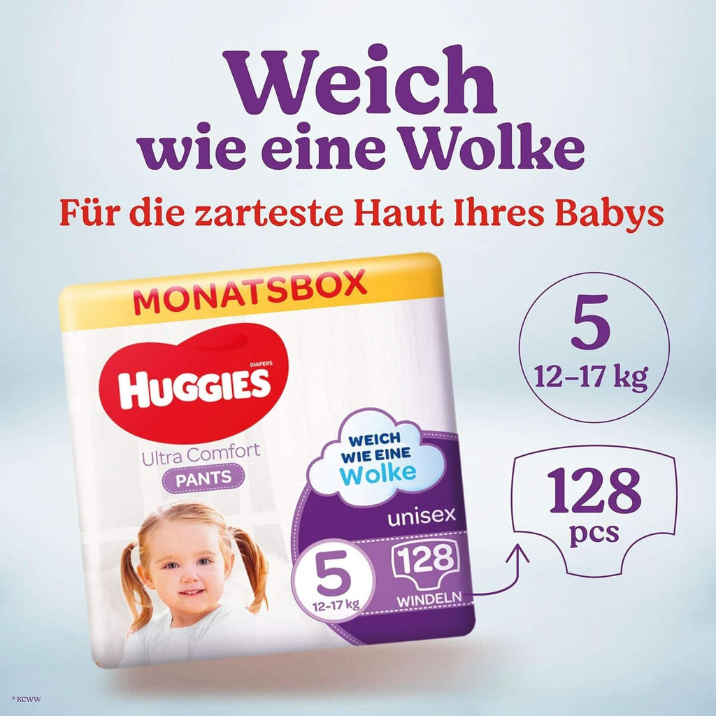 Huggies Ultra Comfort Pants, mărimea 5, 12 - 17 kg, Pentru copii activi, Cu indicator de umezeală și tehnologie cloud waistband, 128 scutece Mama si Copilul Naty Shop