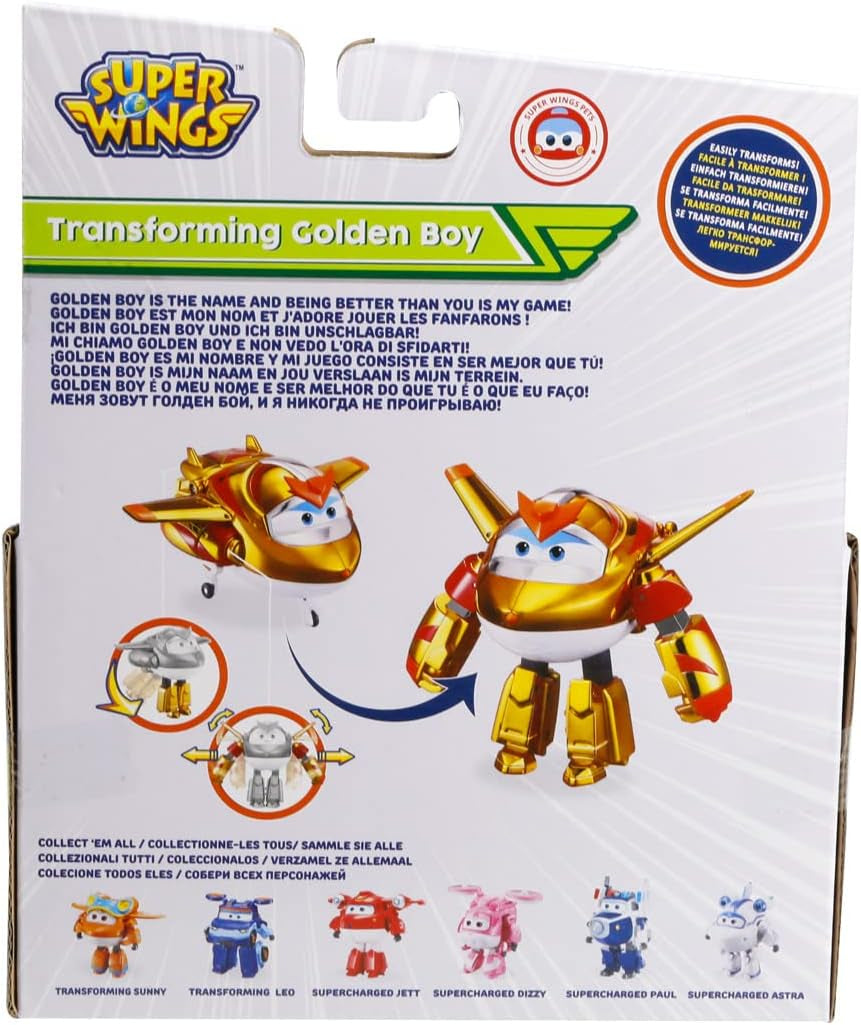 Super Wings EU750231 – Golden Boy Cabrio-Flugzeug, ca. 20,5 cm großes Kinderspielzeug, verwandelbare Flugzeug- und Roboter-Actionfiguren, Naty Shop