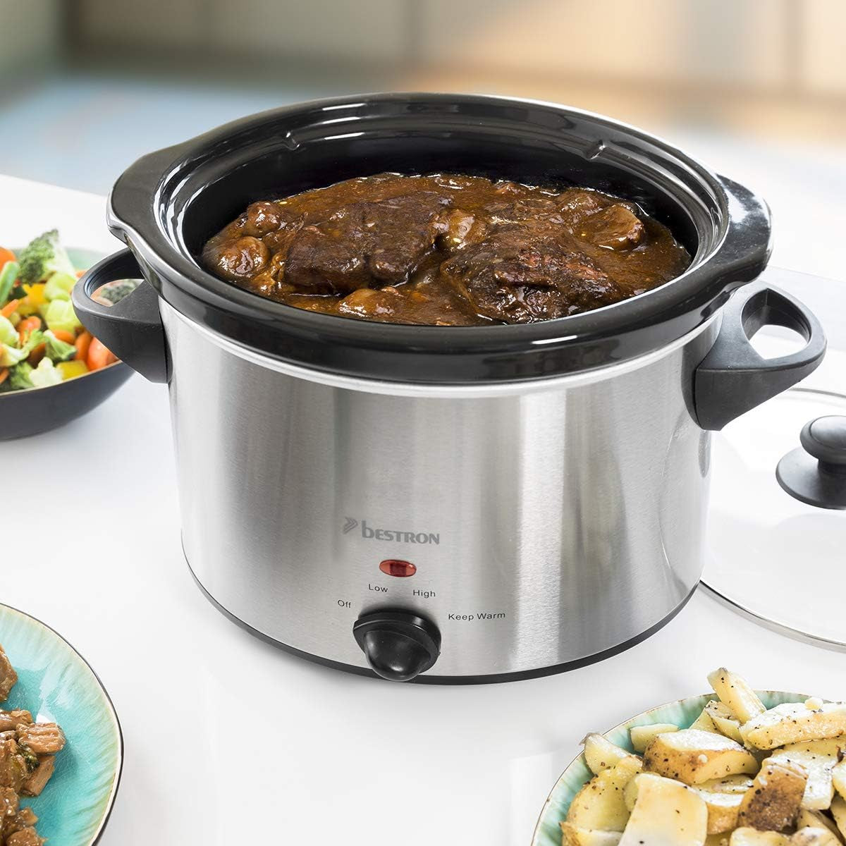 Bestron Slow Cooker mit Keramikpfanne und Glasdeckel, 3-Stufen-Thermostat, ideal für viele Gerichte wie Fleisch, Suppen und Gemüse, 3,5 Liter, Farbe: Silber Slow Cooker Naty Shop
