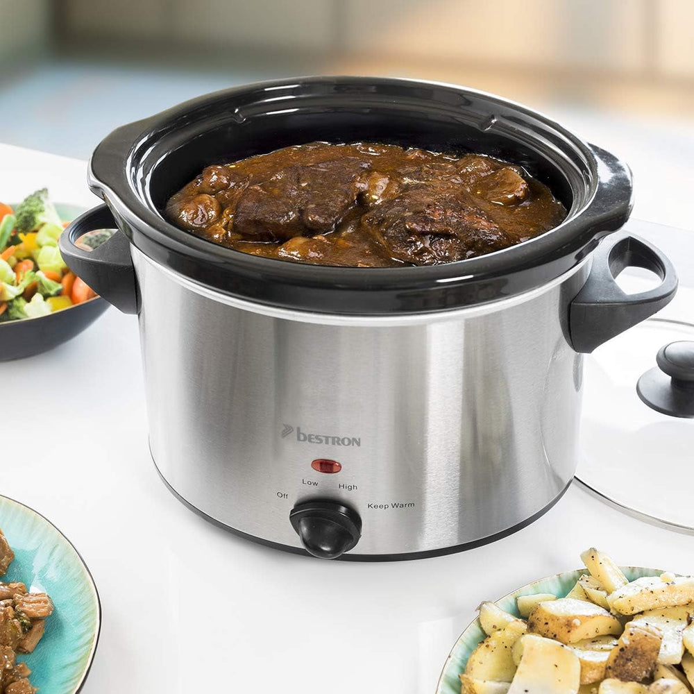 Bestron Slow Cooker mit Keramikpfanne und Glasdeckel, 3-Stufen-Thermostat, ideal für viele Gerichte wie Fleisch, Suppen und Gemüse, 3,5 Liter, Farbe: Silber Slow Cooker Naty Shop