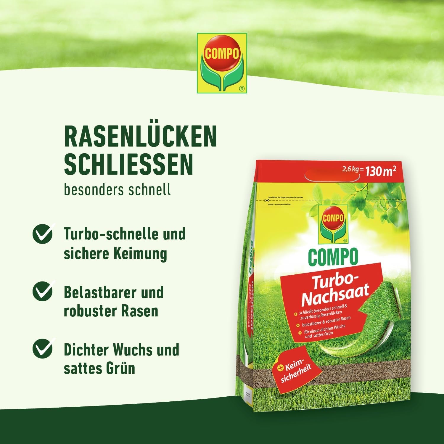 COMPO Turbo Nachsaat - Schnellkeimende Rasensaat - Premium Rasensamen Mit Keimsicherheit - 2,6Kg Für 130 M²