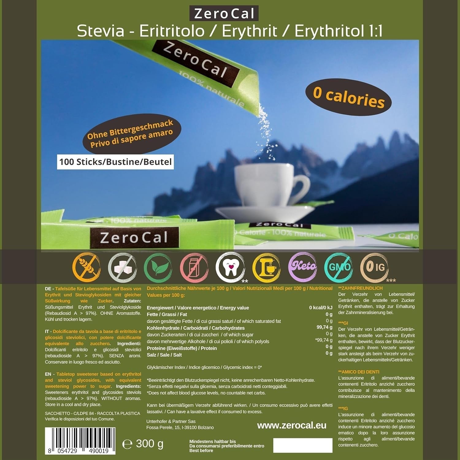 Zerocal – 1:1 (Erythrit + Stevia) 100 Sticks Je 3 G | Ideal zum Süßen von Kaffee, Tee und anderen Getränken Gleiche Süßkraft Von Zucker | Glutenfrei, vegan, gentechnikfrei | Kalorien und GI = 0 Süßstoffe Naty Shop