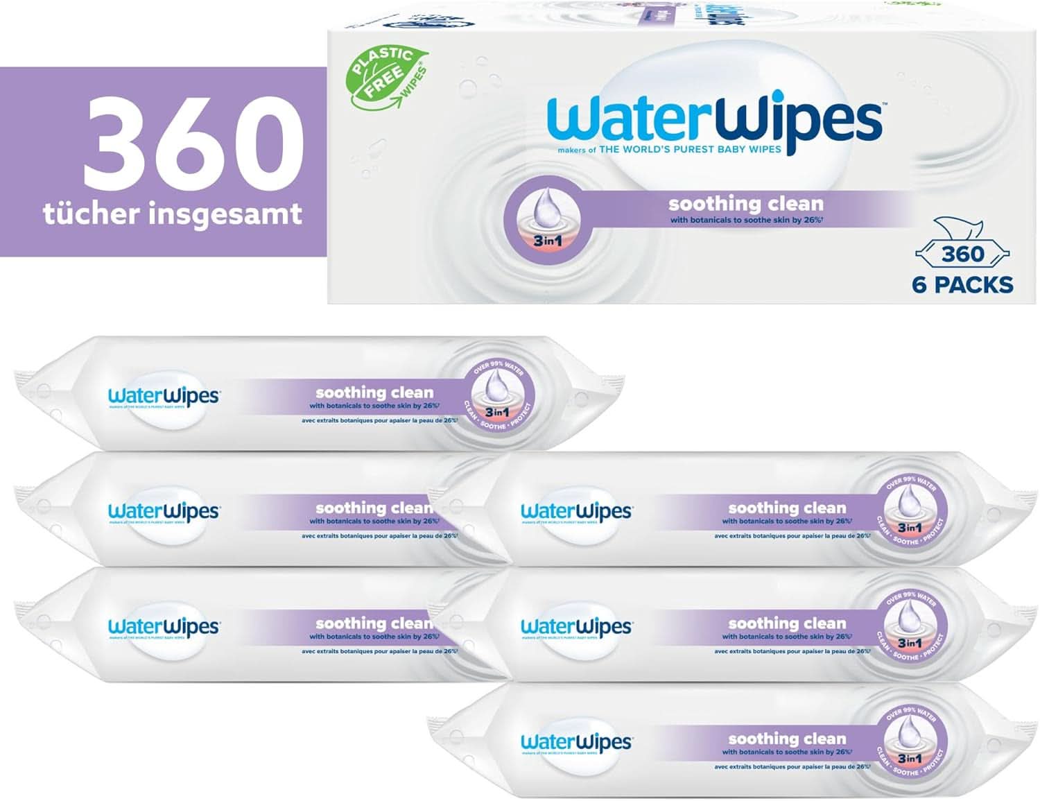Water Wipes Baby-Reinigungstücher, 360 Tücher (6er-Pack), mit 99 % Wasser und Pflanzenextrakten Baby-Feuchttücher Naty Shop
