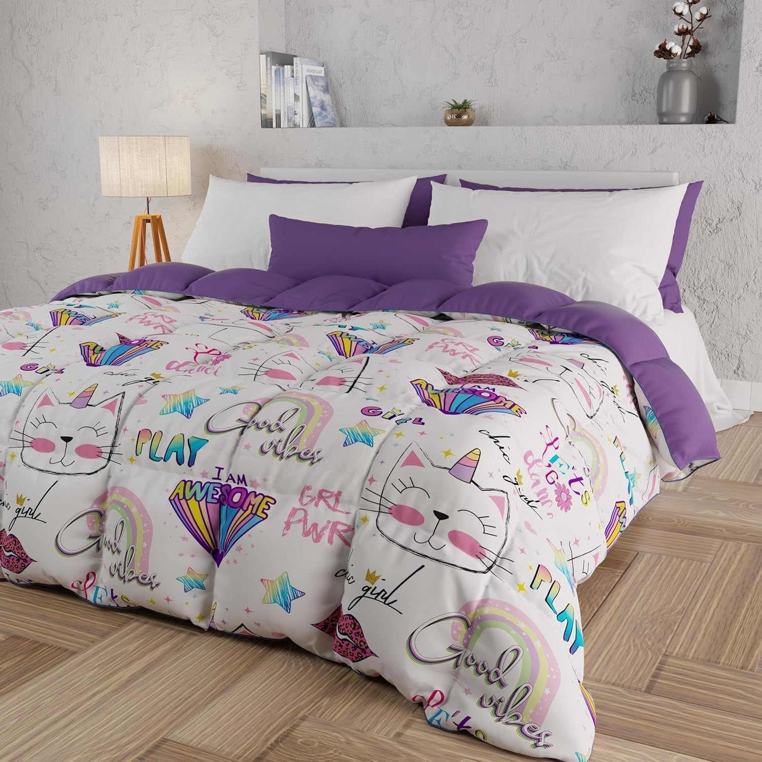 PETTI Artigiani Italiani - Cuvertură de iarnă, Cuvertură de iarnă, Doubleface, Monocolor și imprimare digitală, 100% microfibră hipoalergenică, Made in Italy Plapumi si pilote Naty Shop