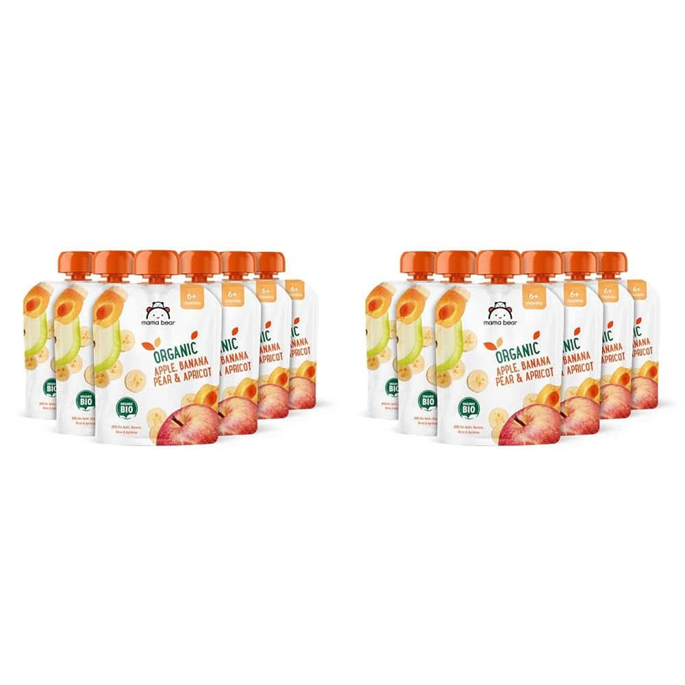 Mama Bear, Bio-Püree verschiedene Früchte, Set 6 x 90 Gramm Mutter und Kind Naty Shop 12 x 90 Gramm Äpfel, Birnen, Bananen und Aprikosen