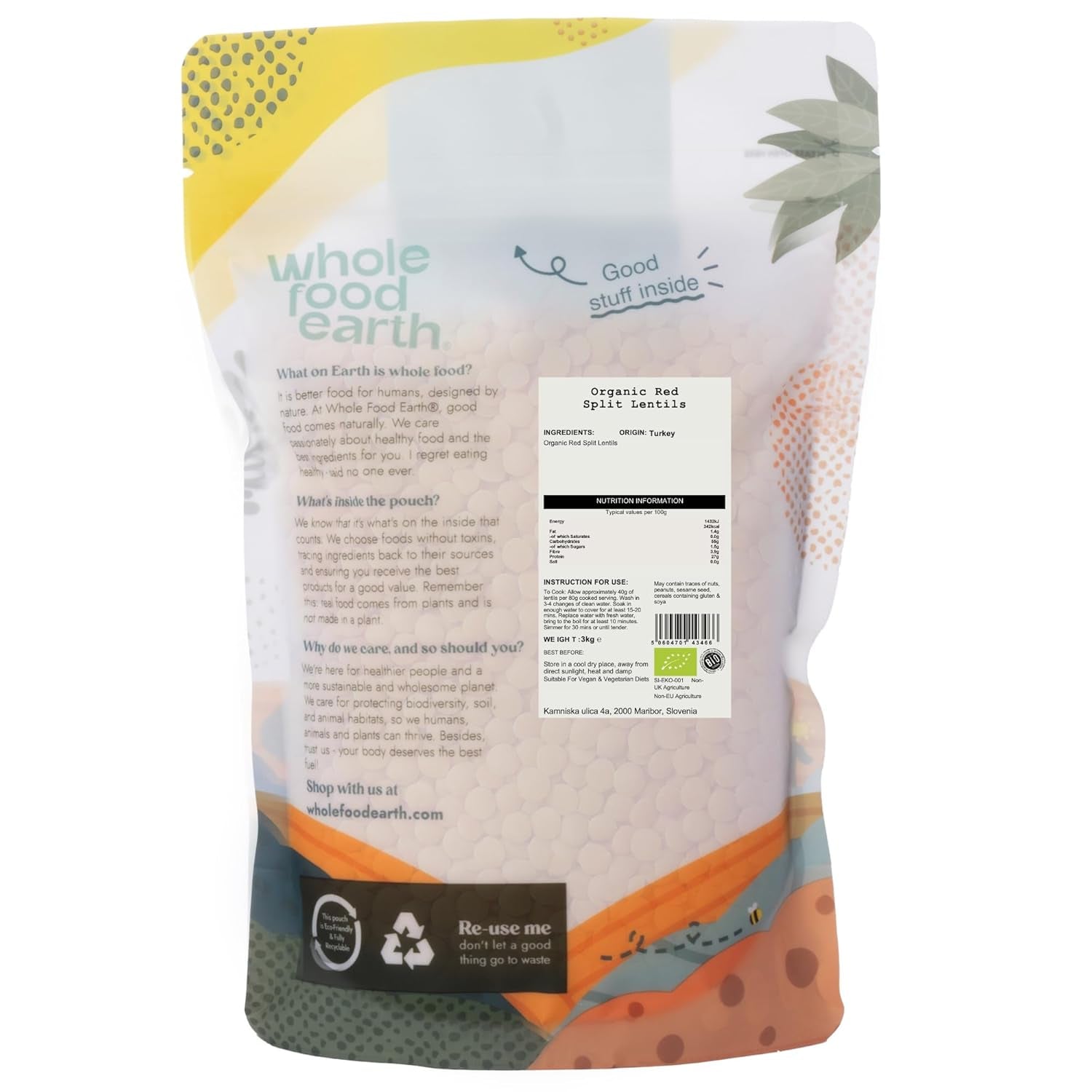 Wholefood Earth Bio-gespaltene rote Linsen, 3 kg, gentechnikfrei, vegan, reich an Ballaststoffen, reich an Proteinen, aus zertifiziertem biologischem Anbau
