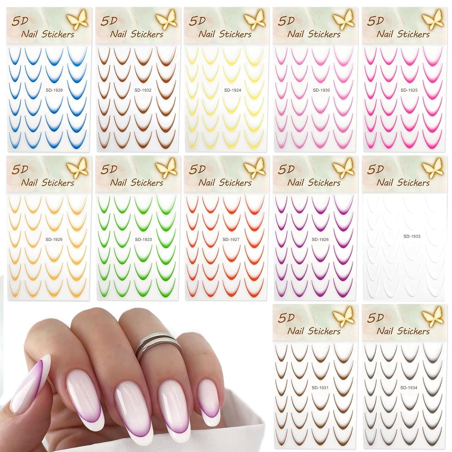 12 Stück French Tip Nagelsticker Selbstklebend Bunte French Nails Schablone Nagelaufkleber Nail Art Stickers Nageldesign DIY Nägel Zubehör(12 Farben)