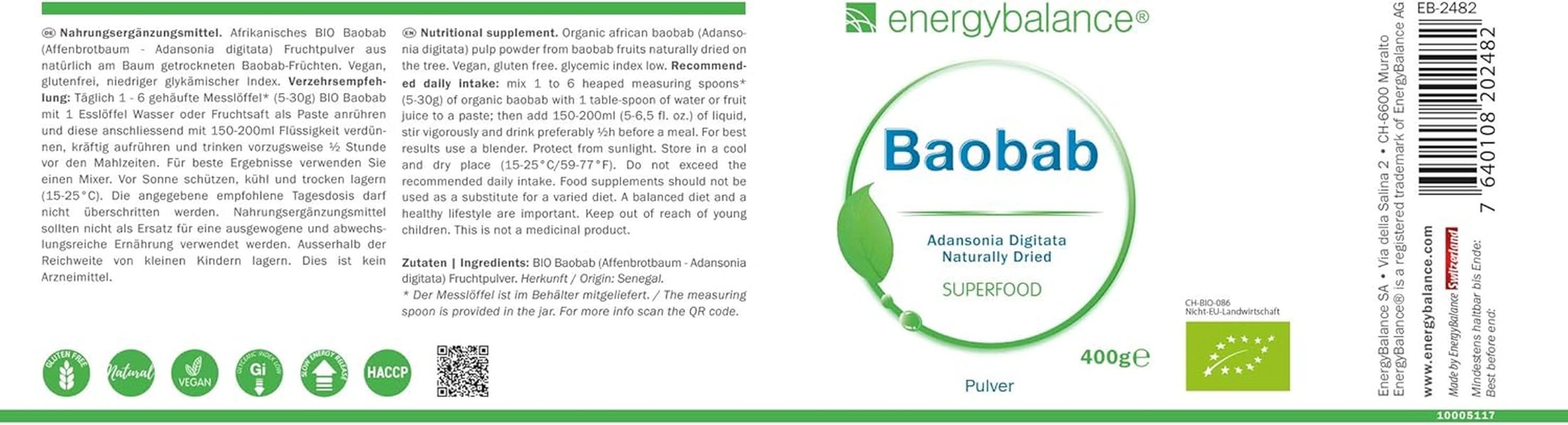 Baobab Bio-Pulver – Vitamin C, Kalzium, Magnesium, Kalium, 400 Gramm Aromen Naty Shop