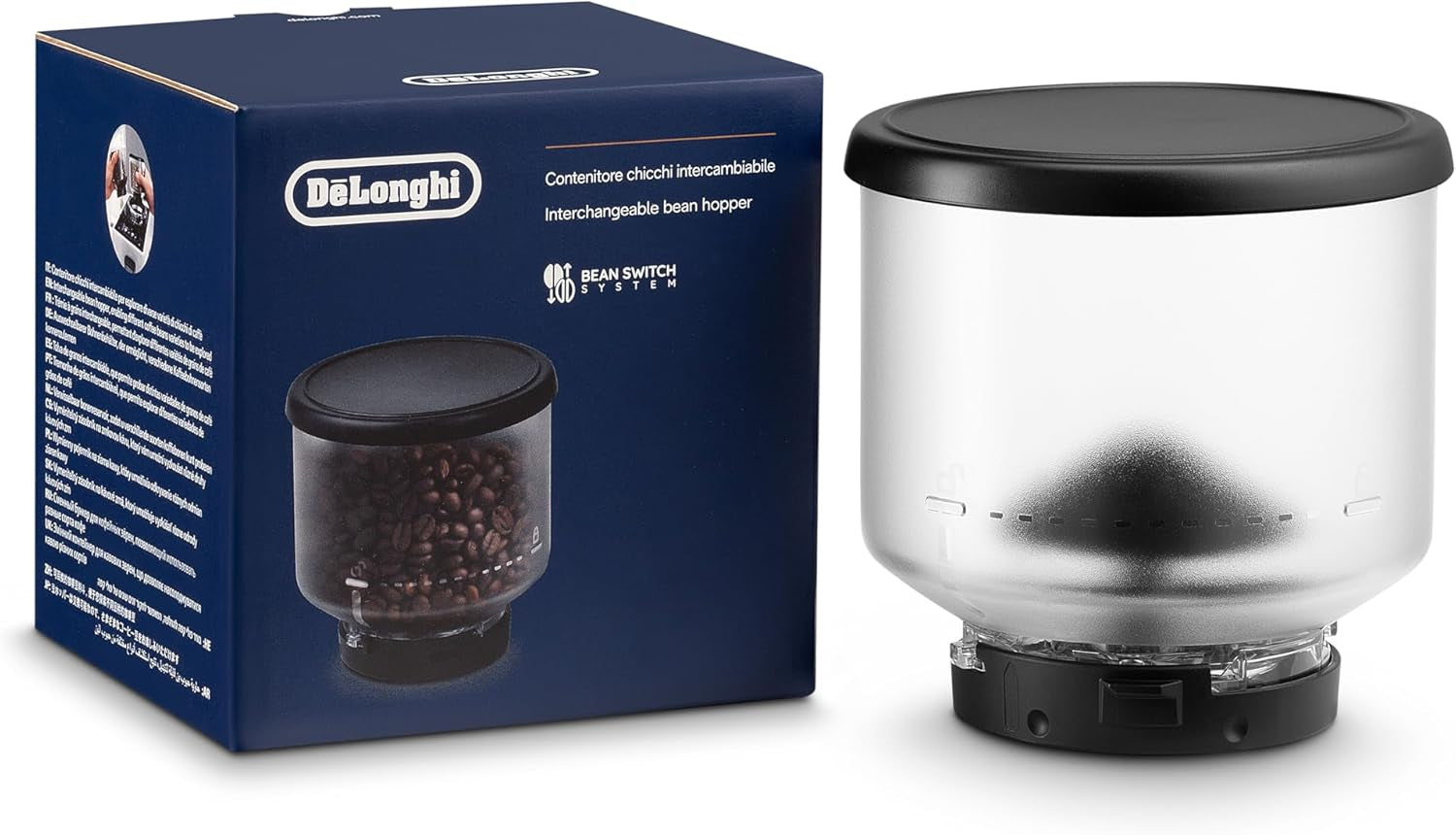Recipient boabe De'Longhi DLSC403, recipient boabe înlocuibil pentru aparatul de cafea automat De'Longhi Rivelia, incl. 250 g boabe de cafea, capac negru