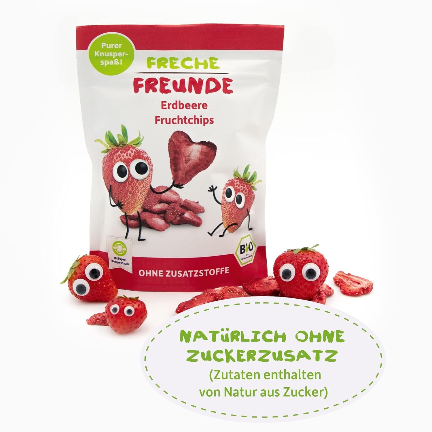 FRECHE FREUNDE Chipsuri de fructe cu căpșuni organice, chipsuri de fructe liofilizate, fructe uscate feliate naturale fără zahăr adăugat, vegane, fără lactoză, fără gluten, pachet de 12 (12 x 12g)