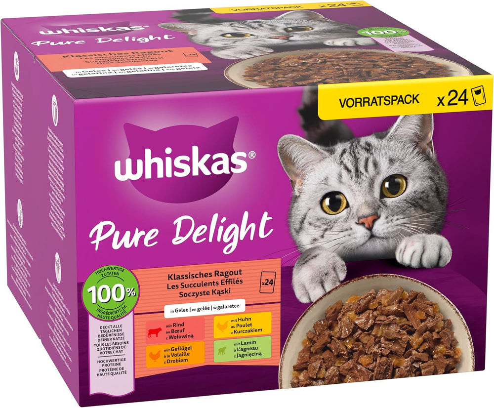 WHISKAS PURE DELIGHT Hrană umedă în jeleu 24 x 85g Ragout clasic (4 pachete) 48 pliculețe porționate