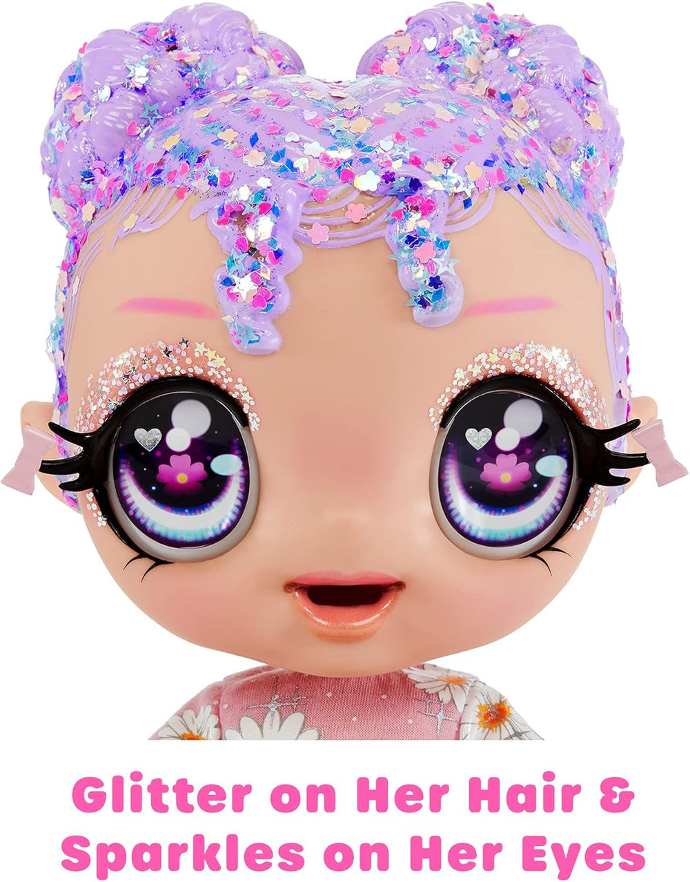 MGA Glitter Babyz - LILA WILDBLOOM - Babypuppe mit 3 magischen Farbwechseln durch eiskaltes Wasser - mit lila Glitzer-Haar, Wildblumen-Outfit, Windel, Flasche und Schnuller - Für Kinder ab 3 Jahren