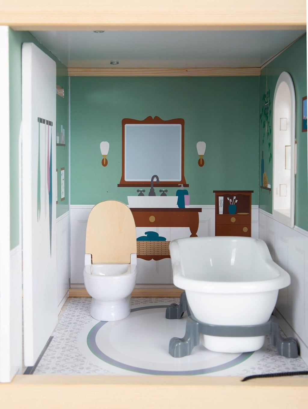 Casă de păpuși Small Foot Vilă de oraș din lemn, cu 3 etaje, față deschisă și 12 mobilier, pentru copii de la 3 ani, 11802, alb gri Casute de papusi Naty Shop