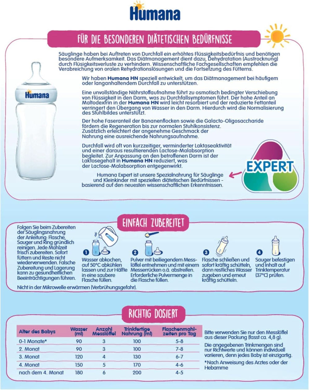 Humana HN Expert, ab der Geburt, Spezialnahrung bei häufigem oder langanhaltendem Durchfall, unterstützt die Normalisierung des Stuhlgangs, mit Banane, 300 g Naty Shop
