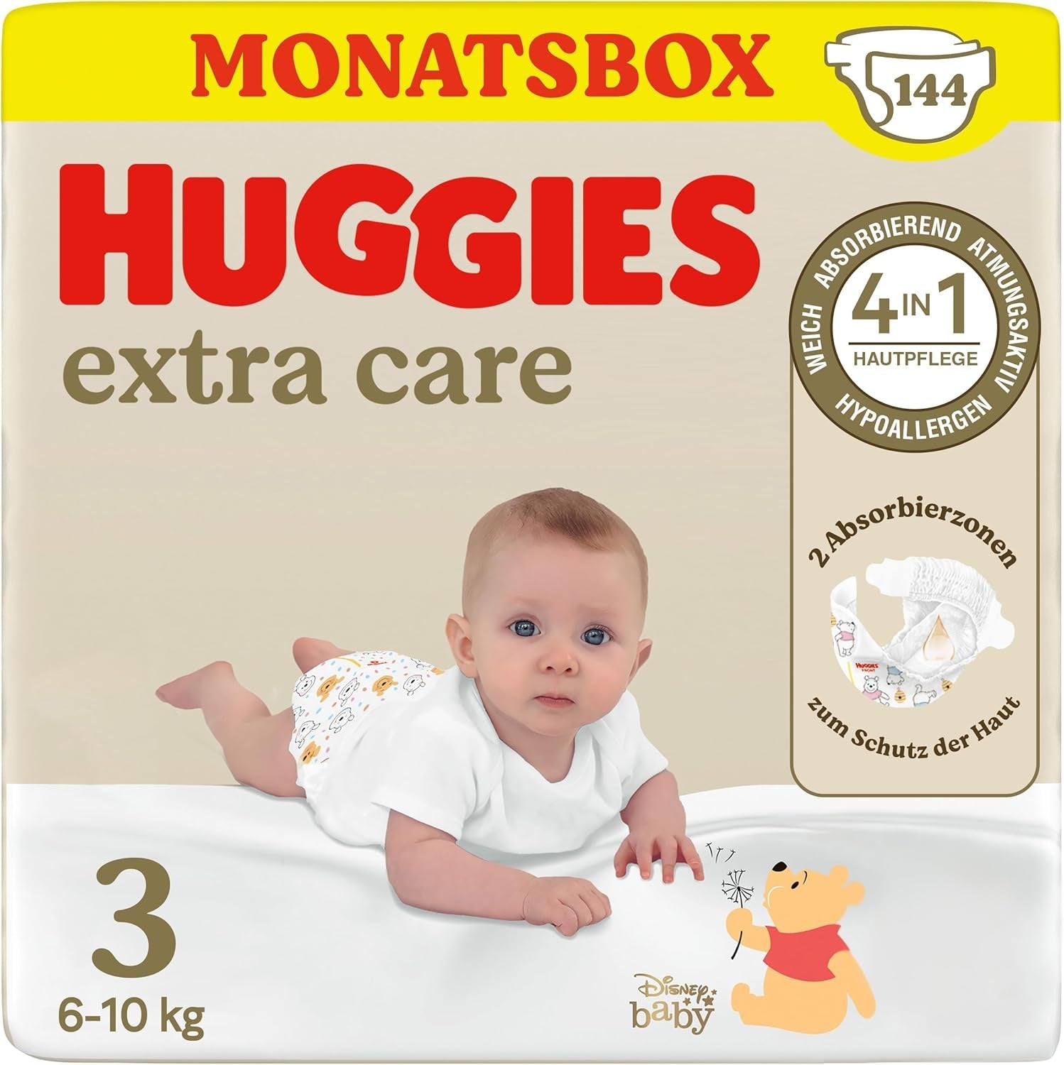 Scutece Huggies pentru bebeluși Extra Care cu design Disney, mărimea 4, 120 de scutece (2x60), cutie lunară