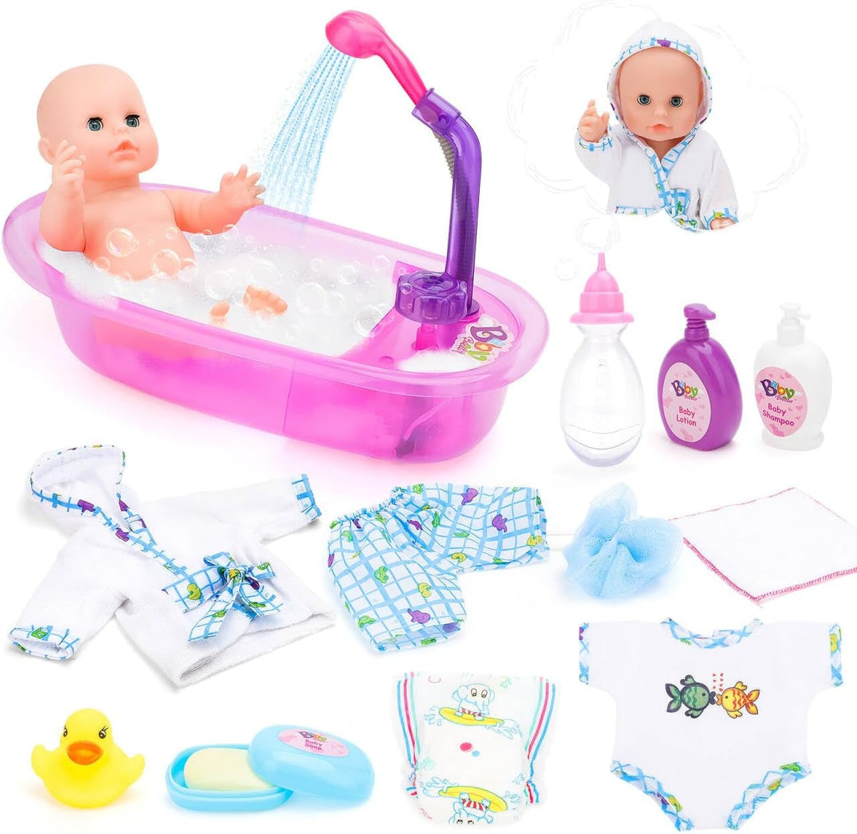 Set cădiță de baie pentru păpuși deAO, păpușă interactivă de 33 cm, baie pentru păpuși, set de joacă pentru păpuși cu suzetă, haine pentru păpuși, halat de baie, scutece pentru păpuși, cadă și spray de duș funcțional