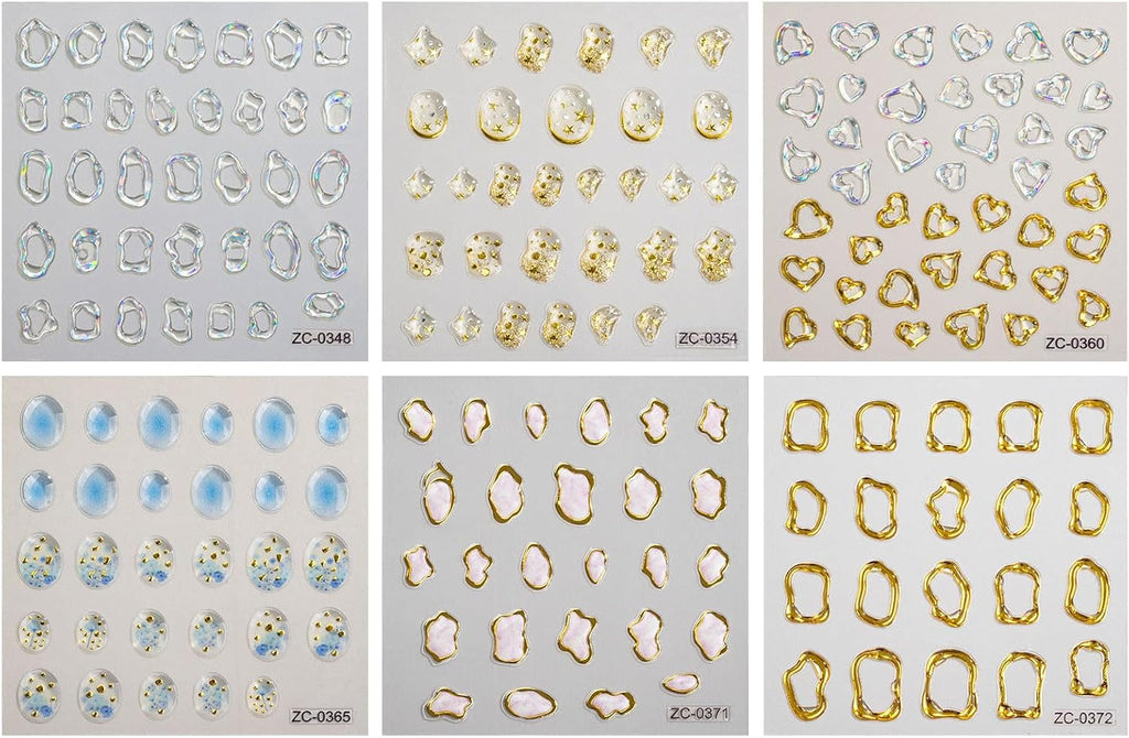 JMEOWIO 6 Blatt 3D Nagelsticker Goldene Unregelmäßige Geometrische Nail Art Sticker Selbstklebend Nagelaufkleber 5D Stereoskopisch Dekoration Nageldesign Zubehör