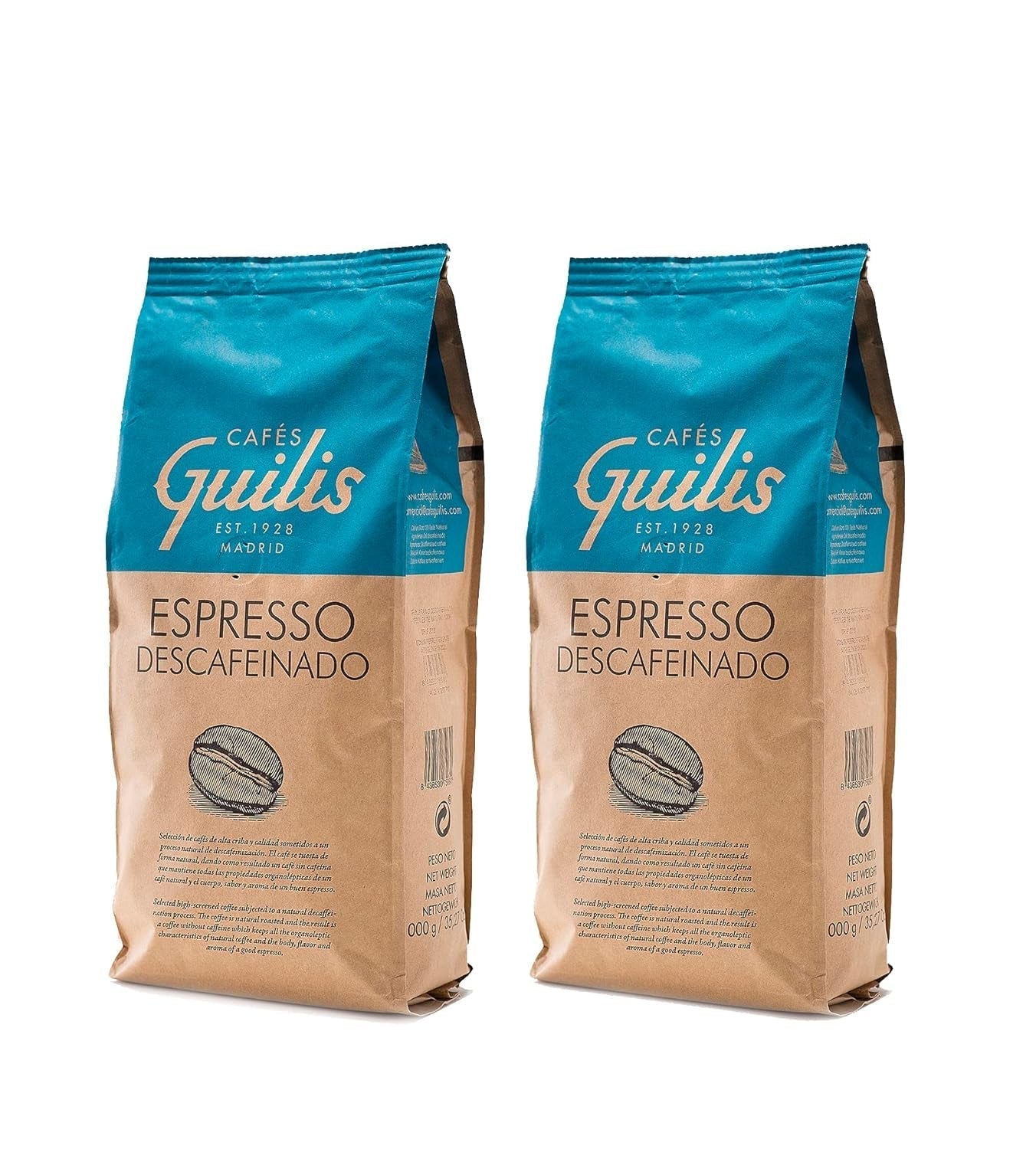 CAFES GUILIS SEIT 1928 AMANTES DEL CAFÉ - Entkoffeinierte Arabica-Kaffeebohnen 1 kg Kaffee Naty Shop 2 x 1 kg Kaffee