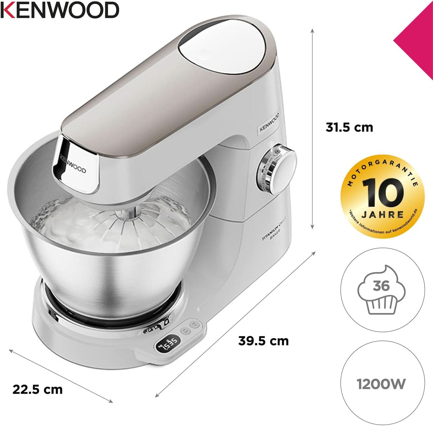 Kenwood Titanium Chef Baker KVC65.001WH, Küchenmaschine Mit Integrierter Waage, 1200 Watt, Inkl. 3-teiliges Patisserie-Set, Spatel & Spritzschutz, Weiß Mutter und Kind Naty Shop