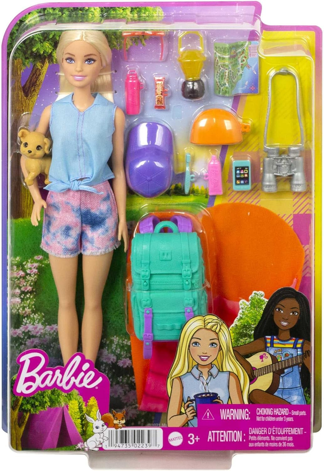 Barbie Camping Series, păpușă 1X cu păr blond, rucsac de drumeție, echipament de exterior, binoclu, hartă, cățel, accesorii, cadou pentru copii, jucărie de la 3 ani,Hdf73 Papusi Naty Shop