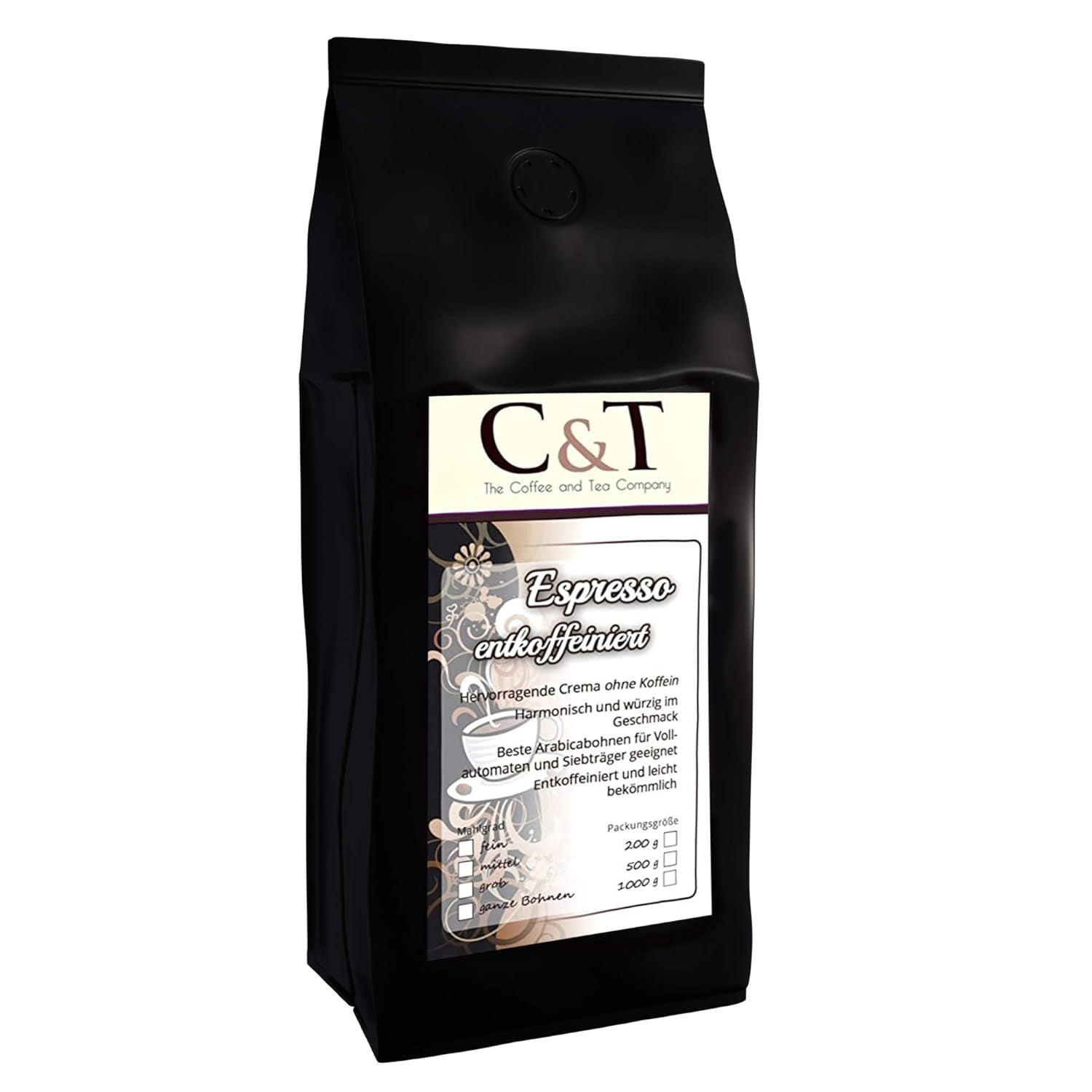 Kaffeebohnen Entkoffeiniert -  CREMA - 1000g Fein Gemahlen - für Espressokocher, Espressomaschine, Percolator - Schonend Gerösteter Bohnen-Kaffee Säurearm Ohne Koffein Blend