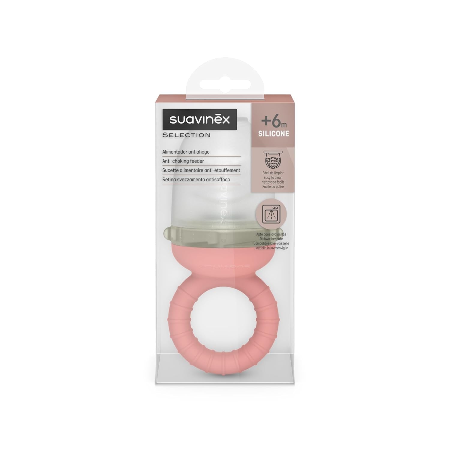 Ronțăitorul Suavinex pentru bebeluși, protecție anti-sufocare, calitate alimentară, silicon, cu capac, ușor de curățat, potrivit pentru mașina de spălat vase și congelator, calmează gingiile, de la 6 luni, roz