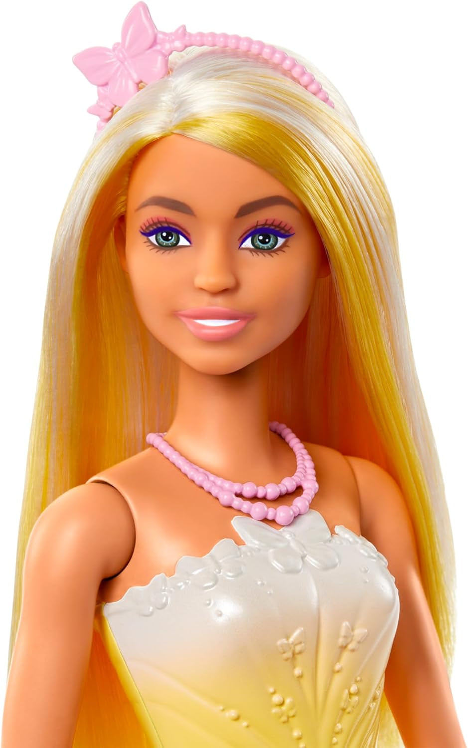 Păpușă Barbie Royal cu păr fantezist cu șuvițe colorate, accesorii colorate, top galben cu gradient și fustă cu model fluture, HRR09 Papusi Naty Shop