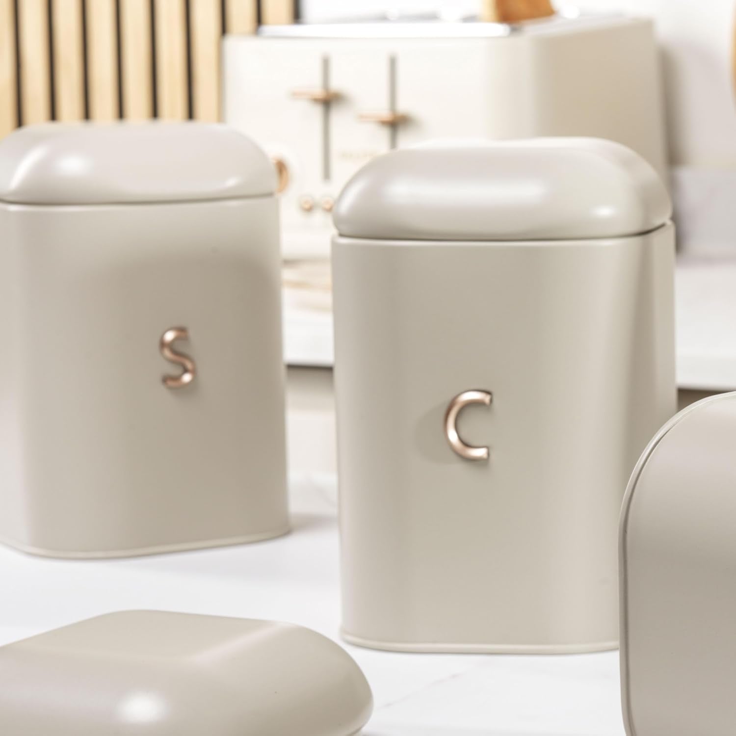 Set de recipiente SALTER BW13729EU7 Pebble pentru ceai, cafea și zahăr – Recipiente de depozitare pentru blaturi, recipiente pentru blaturi de bucătărie, recipiente cu marcaj din oțel carbon