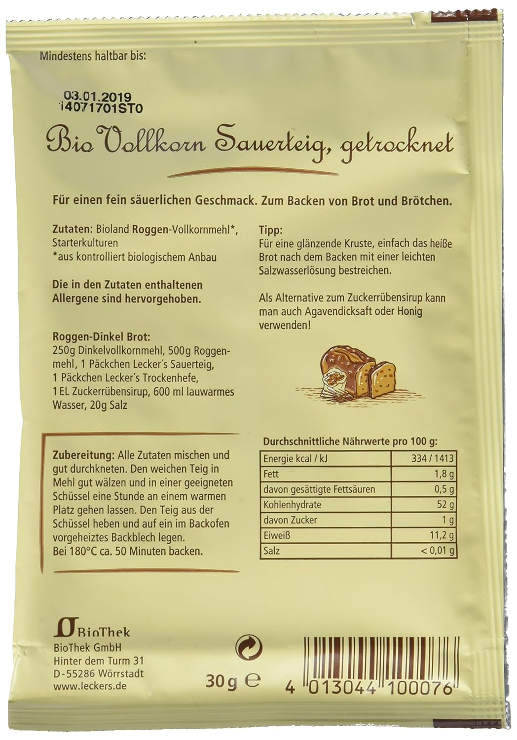 Lecker'S Bio Vollkorn Sauerteig (10 X 30 G) Amestec pentru copt si gatit Naty Shop