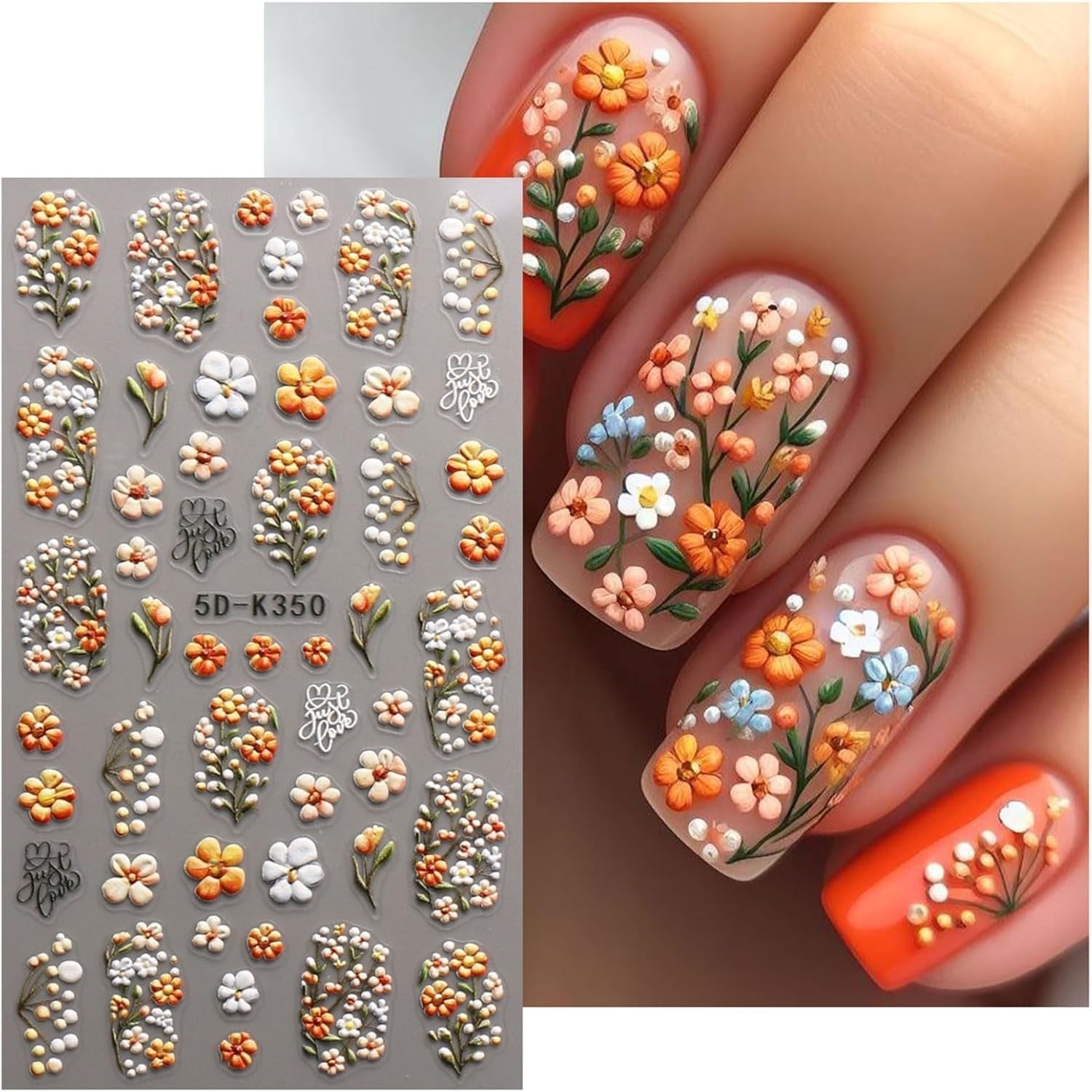JMEOWIO 3D Nagelsticker Blumen Nail Art Sticker Selbstklebend Nagelaufkleber 5D Stereoskopisch Herbst Blumen Dekoration Nageldesign Zubehör 4 Blatt