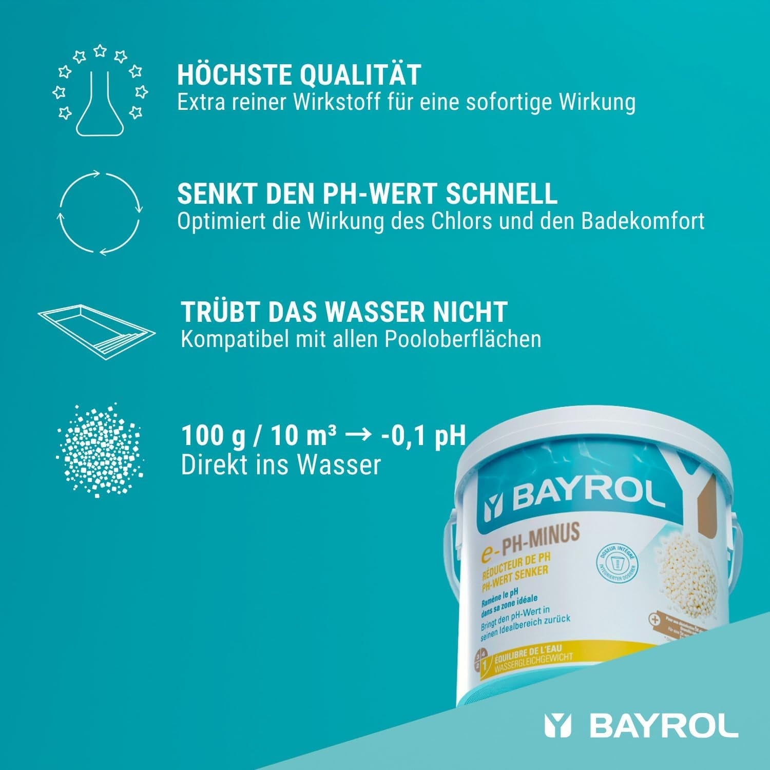 Granule BAYROL e-pH-Minus 6 kg - reduce rapid și eficient nivelurile excesiv de ridicate ale pH-ului din piscine - dozare ușoară direct în apă - include cană dozatoare - reductor de pH - reglarea pH-ului pentru piscine