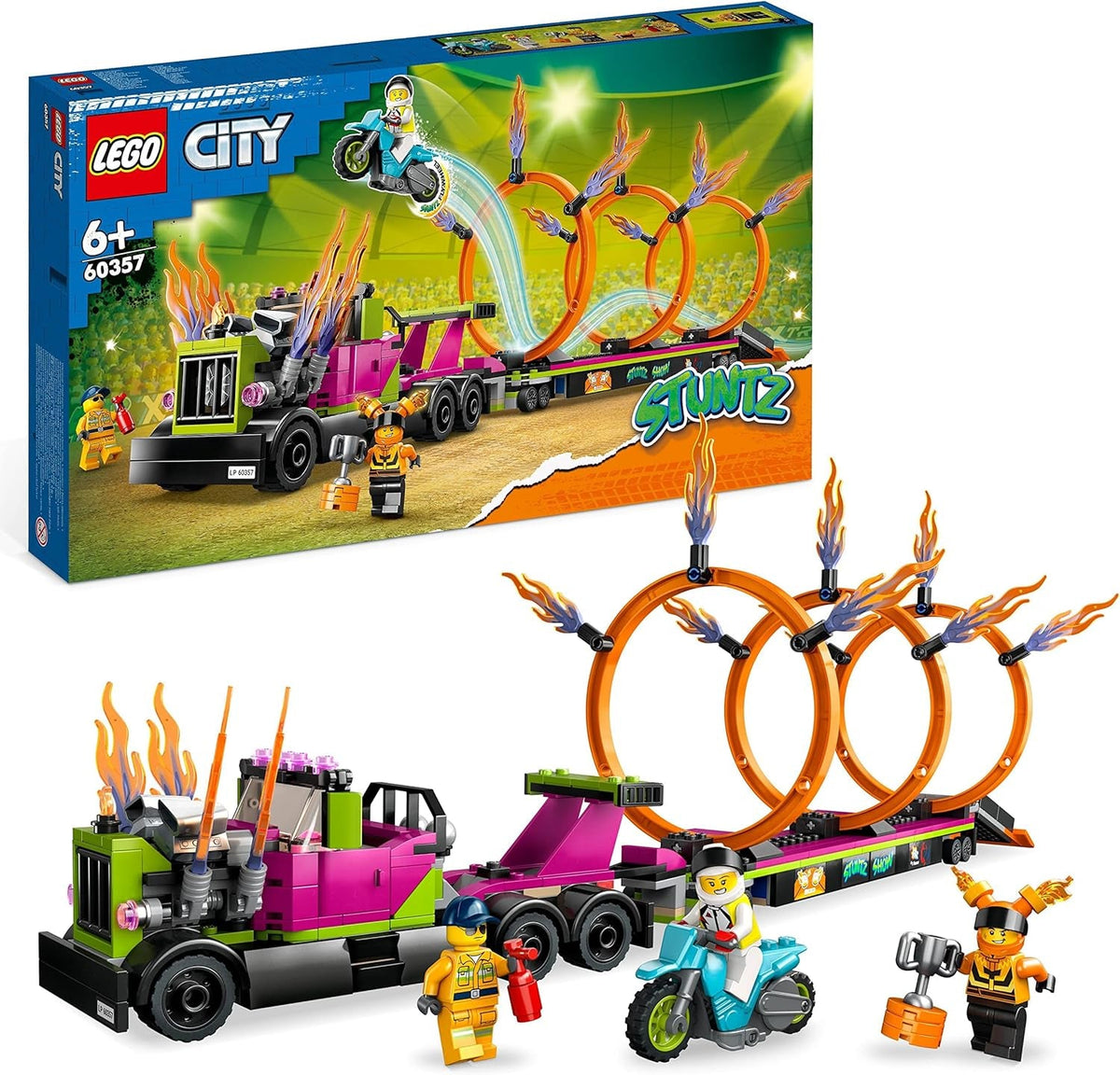 LEGO 60357 City Stuntz Stunttruck mit Feuerreifen-Challenge, mit schwungradbetriebenem Motorradspielzeug und Minifiguren, lustiges Geschenk für Kinder ab 6 Jahren, 2023 Set