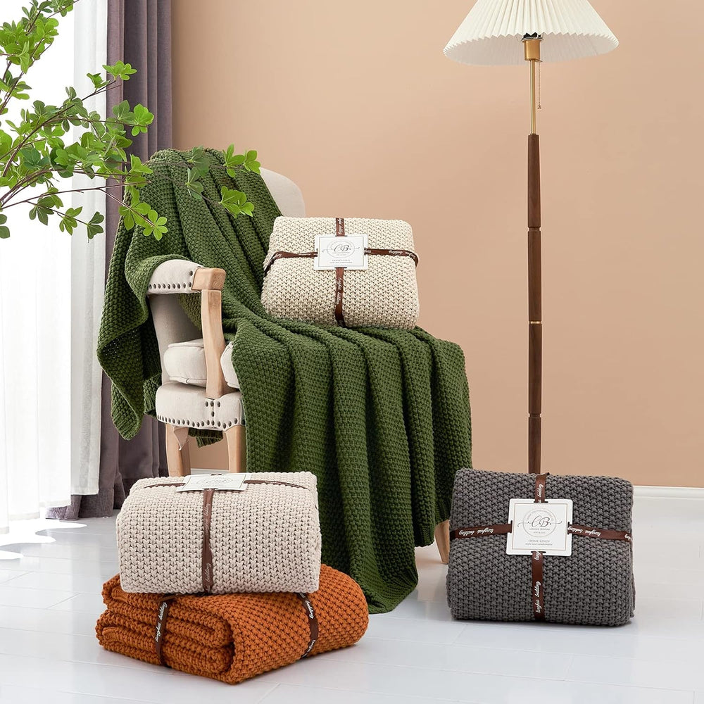 Chunky tricot arunca pătură, Lightweight, Bej, 100% bumbac organic, Pătură pentru canapea, canapea, pat, copil, camera copiilor, Rustic, Shabby chic, Modern farmhouse, 152.4 X 203.2 cm, Inclusiv sac de rufe Paturi si Cuverturi Longhui bedding Gri 51 "X63"