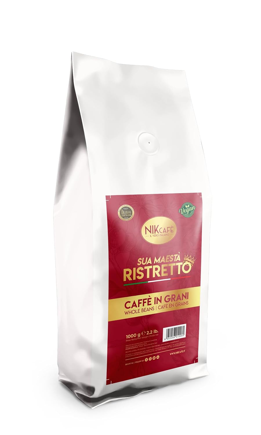 NIK CAFE' - Miscela Ristretto - Boabe de cafea prăjite, Majestatea Sa Ristretto în Italia - Câștigător al premiului de aur la World Class Food and Beverage - Arabica și Robusta
