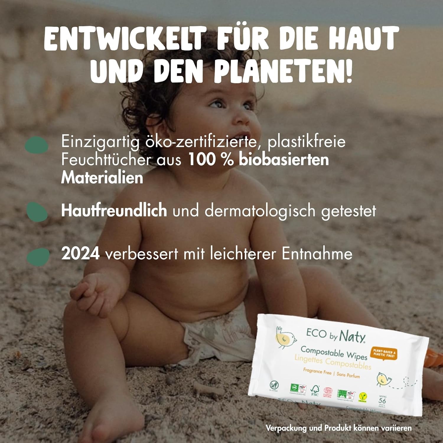 Șervețele umede Naty pentru bebeluși | 100% pe bază de plante și fără parfum pentru piele sensibilă | Șervețele fără plastic și certificate compostabile, cu 98% apă purificată | 672 de șervețele (12 pachete)