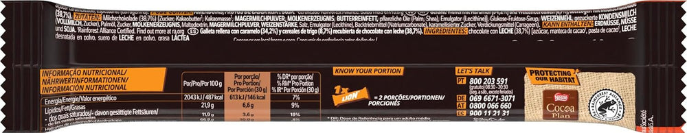 Baton de ciocolată Nestlé LION cu caramel, gustare crocantă, ciocolată crocantă și chipsuri crocante, umplutură de caramel, o experiență specială de îmbucătură, pachet multiplu, pachet de 28 (2 x 30g fiecare)