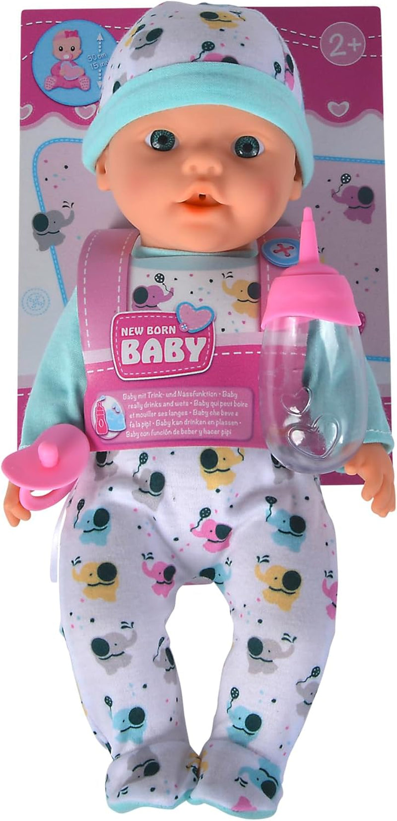 New Born Baby kleiner Elefant, Vollvinylpuppe mit Trink und Nässfunktion, Flasche und Schnuller, 30cm, ab 2 Jahren, Grau