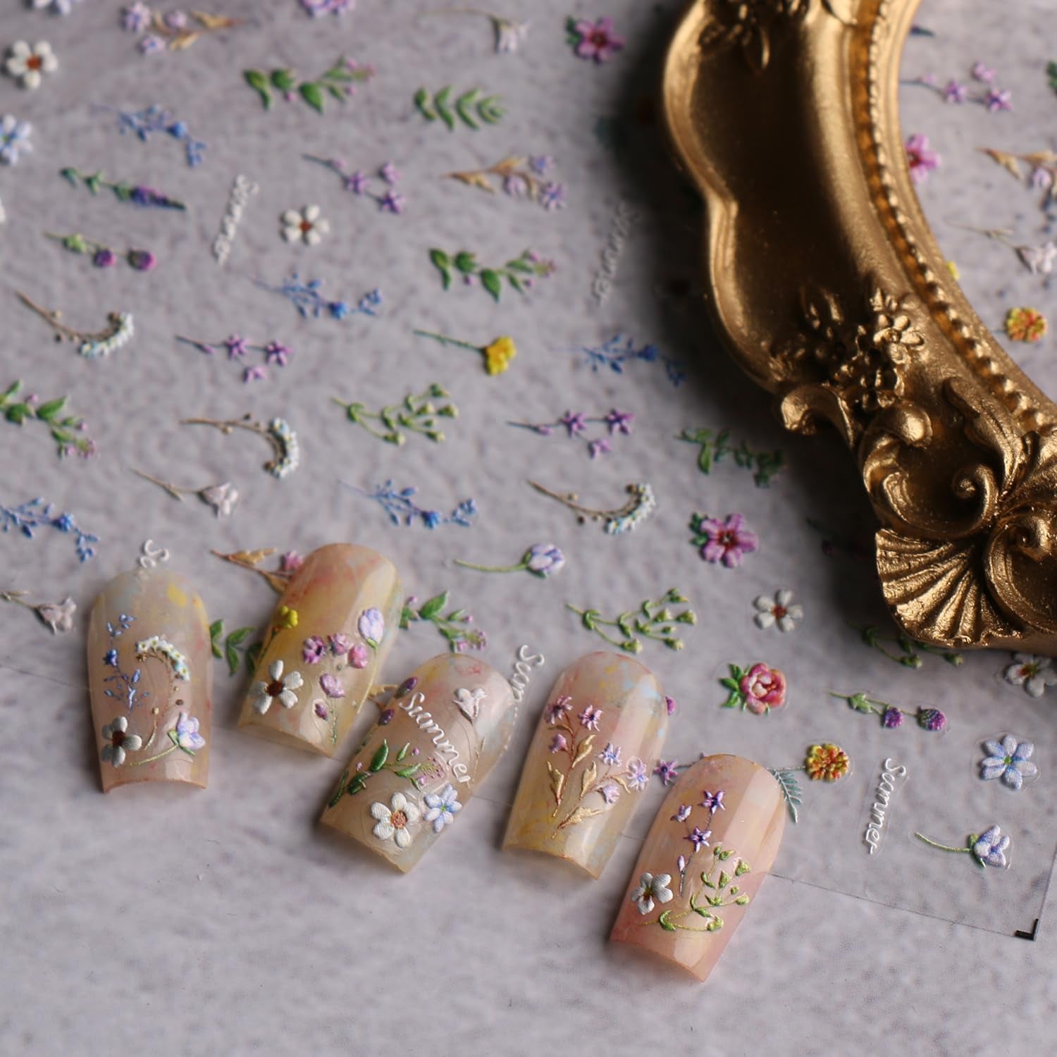 JMEOWIO 3D Nagelsticker Blume Frühling Sommer Floral Nail Art Sticker Selbstklebend Nagelaufkleber 5D Stereoskopisch Dekoration Nageldesign Zubehör 1 Blatt