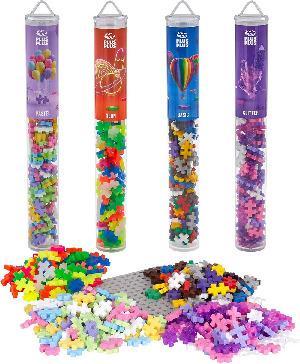 Plus-Plus 7265 Geniales Konstruktionsspielzeug, Farben-Mix, Bundle aus 4 verschiedenen Kreativ-Bausteine Tubes inkl. Bauplatte, 400 Teile, Mischfarben