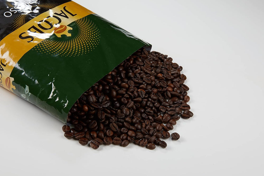 Boabe de cafea Jacobs Café Espresso 1kg – Puternice, picante, boabe Arabica și Robusta, intensitate 8/10, ideale pentru espresso (pachet de 4)