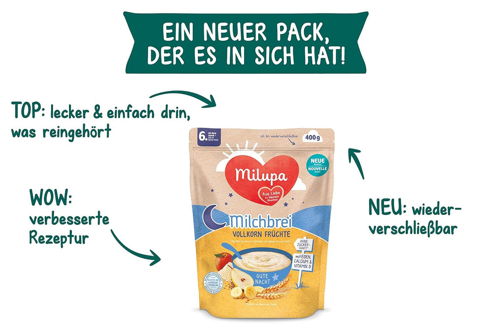 Milupa Milchbrei Vollkornfrüchte – Brei für Kinder ohne Palmöl, ab 6 Monaten – 4 X 400 G (2er Pack) Mutter und Kind Naty Shop