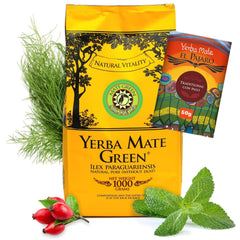 Yerba  Silueta 1000 G ● Ceai Mate ușor dulce și acru ● Cu frunze de mentă, măceșe ● Aromă de fenicul și mere ● Calitate superioară Pachet mare ● Ceai Mate Loose Leaf 1Kg + El Pajaro 50G